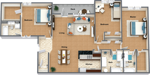Floor plan for 3 beds, 3 baths, 1620 sqft